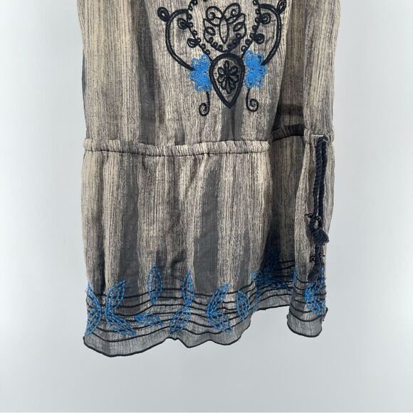 Free People Black Blue Embroidered Sleeveless Boho Peasant Tunic Dress Size 8 - Picture 6 of 14